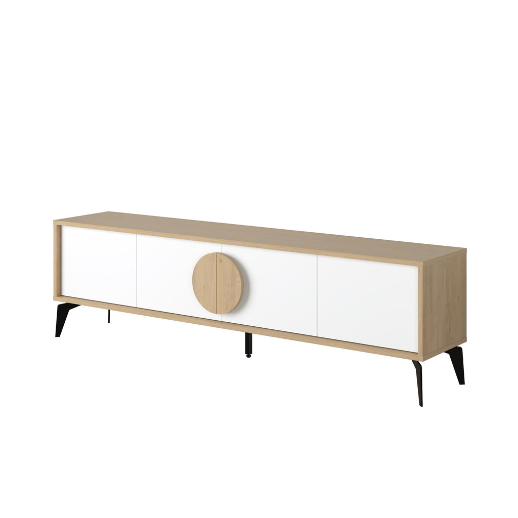 Modern TV stand with white side panels, oak frame, round wooden door pull, tapered legs