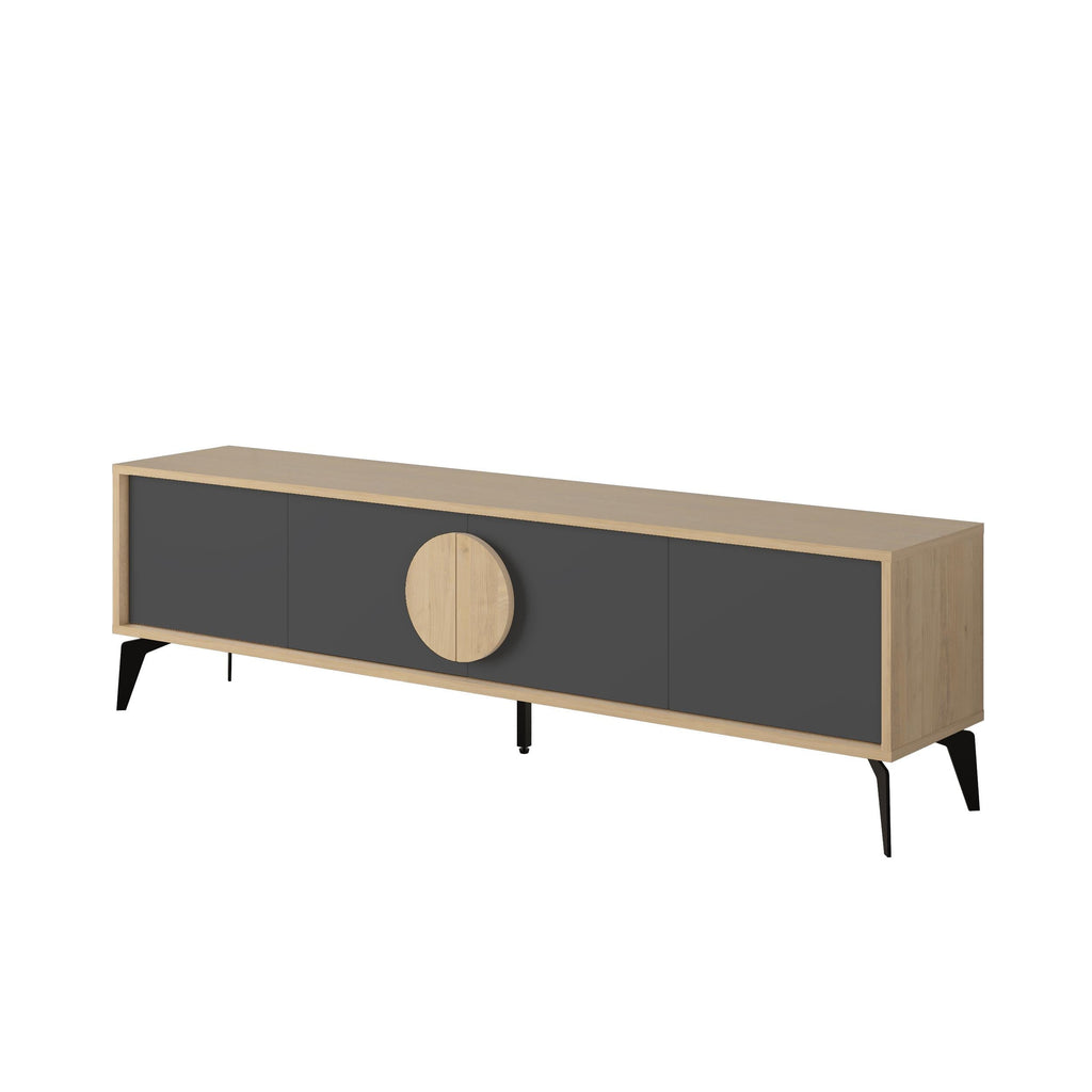 Modern TV stand with dark doors, oak frame, round wooden door pull, tapered legs