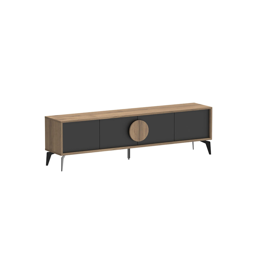 Modern TV stand with dark drawers, oak frame, round center pull, tapered legs