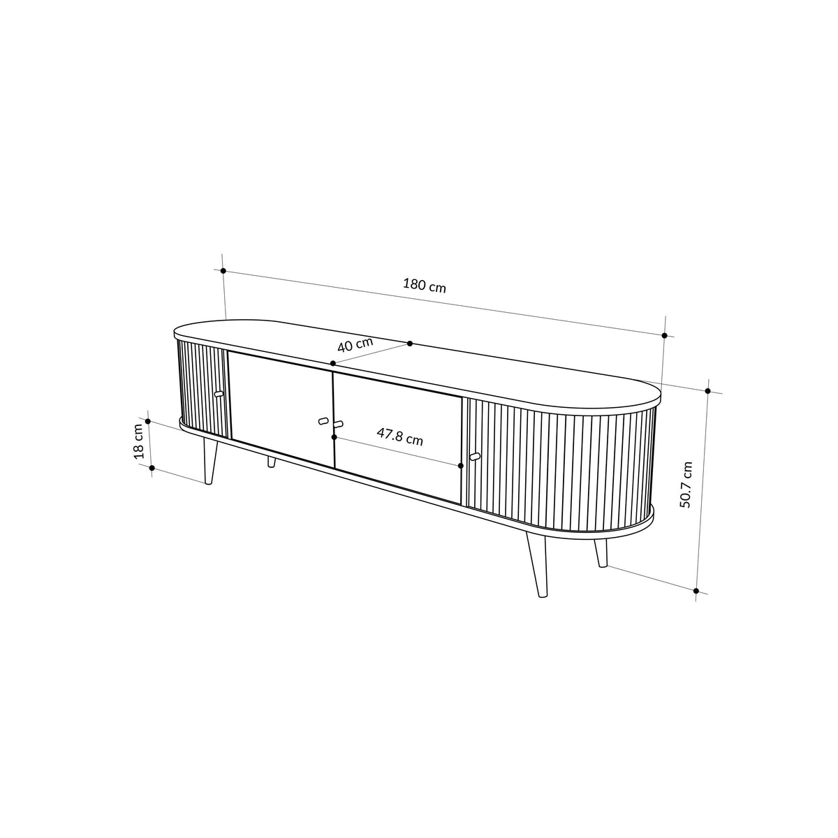 TV stand dimensions view: four-door oak console with dark legs