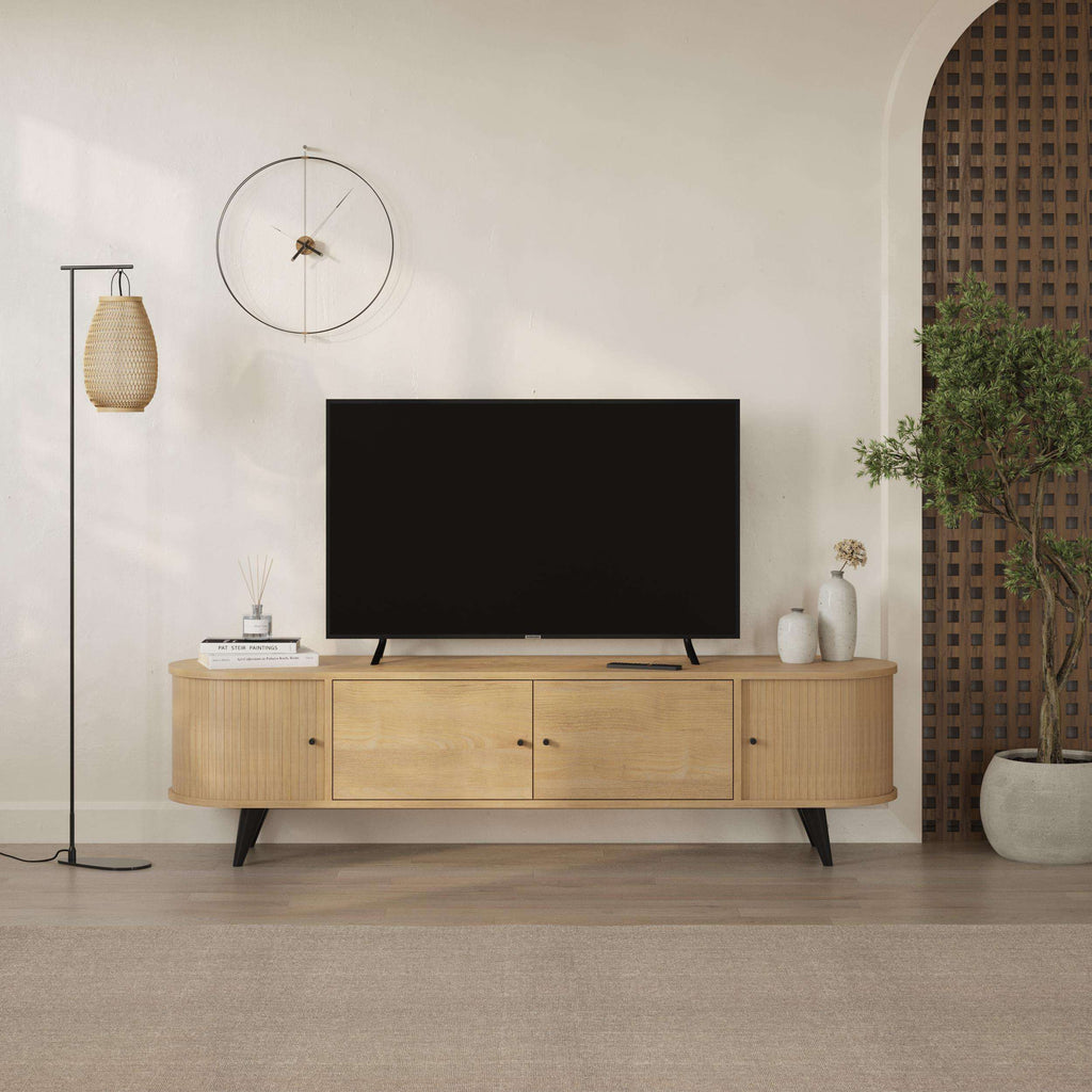 Sapphire Oak TV stand with four storage doors and central media shelf