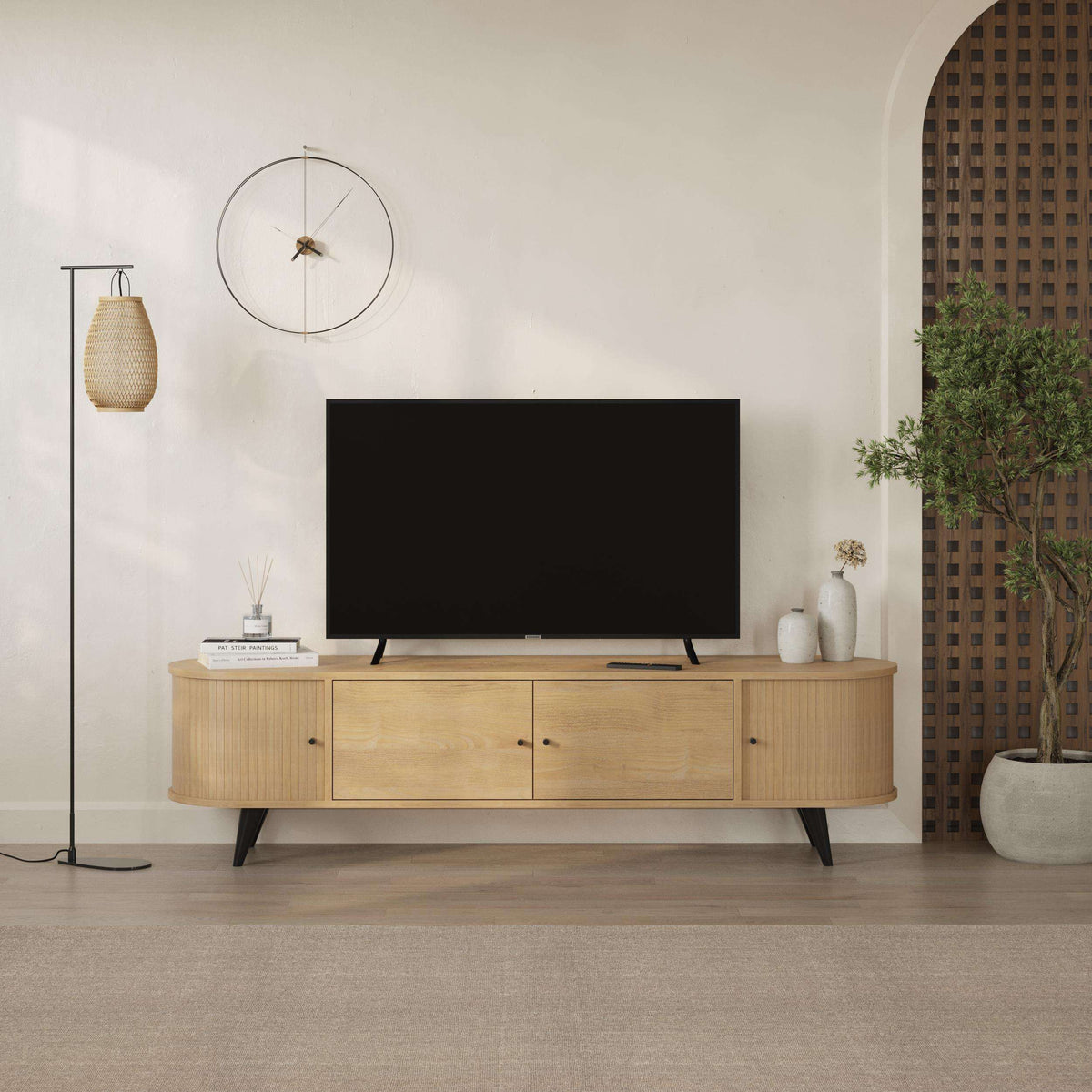 Sapphire Oak TV stand with four storage doors and central media shelf