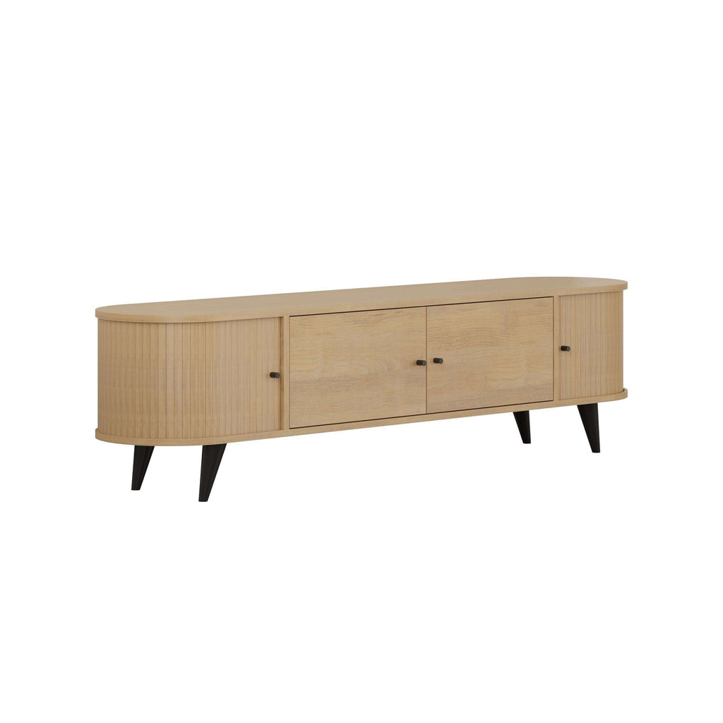 Sapphire Oak TV stand with four doors and curved top, dark tapered legs