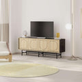 Oak and moss-effect TV stand with four cabinet doors and arched panel detailing