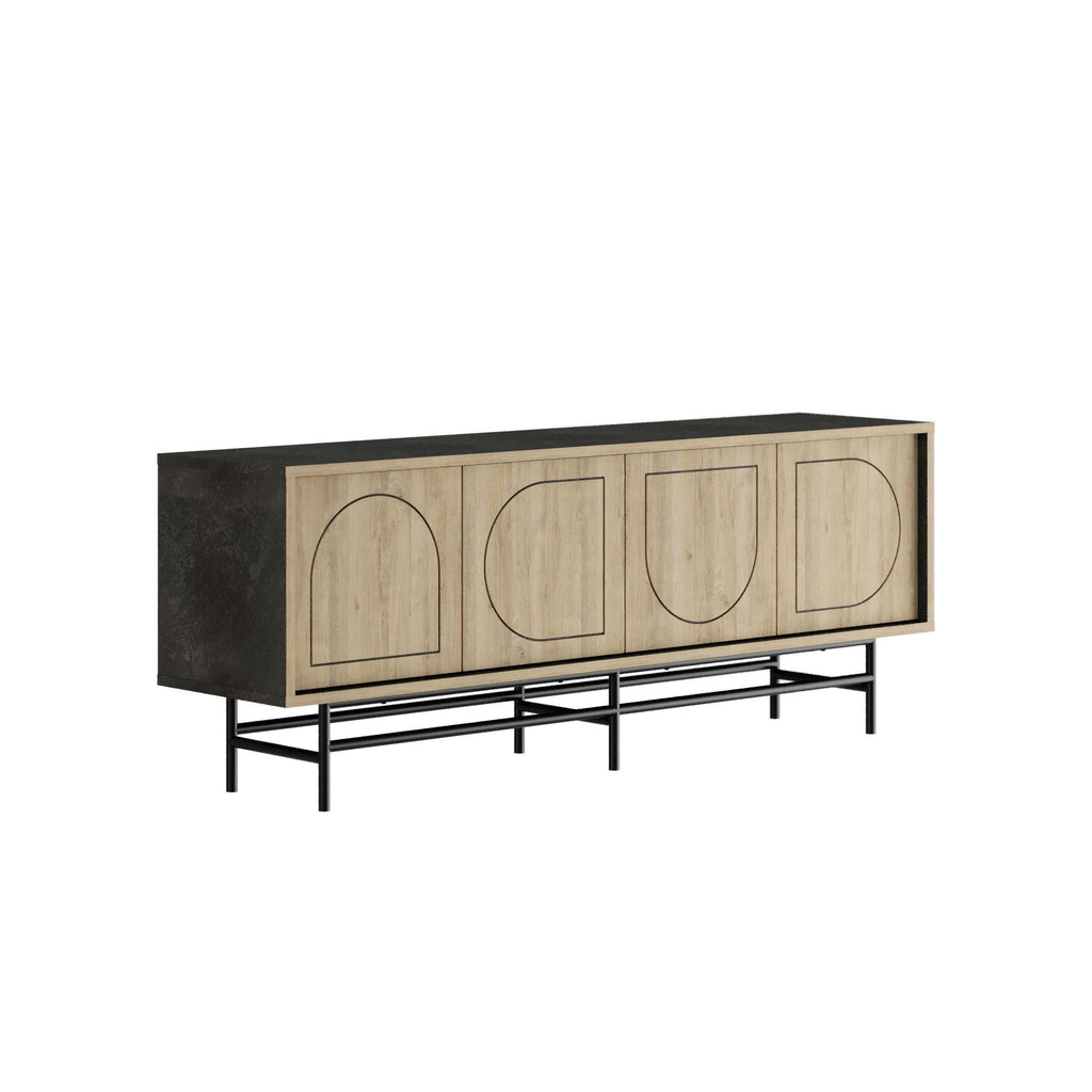 Moss-effect and oak-effect TV stand with four arched door fronts on metal legs