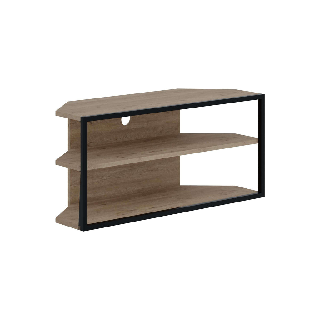 Compact corner TV stand with open shelves, dark metal frame, light wood finish