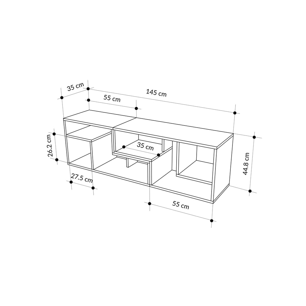 Corner TV stand with adjustable shelves and open compartments, shown with dimensions