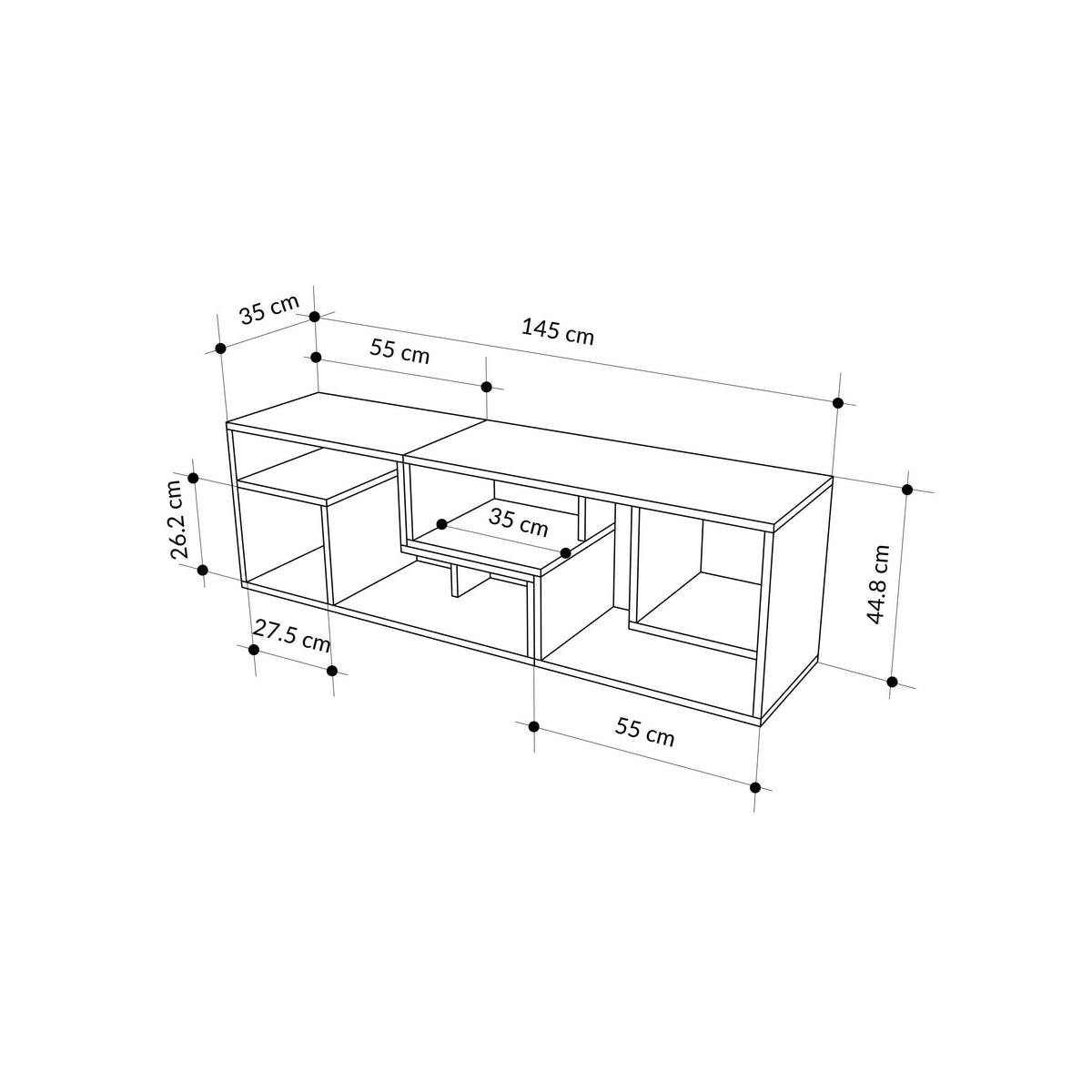 Corner TV stand with adjustable shelves and open compartments, shown with dimensions