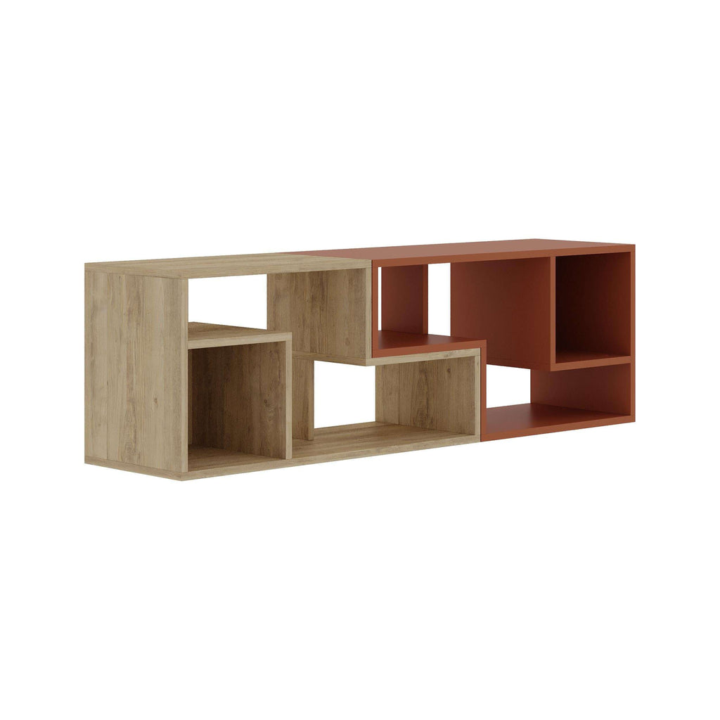 Sand and deep brown corner TV unit with open cube compartments and center shelf