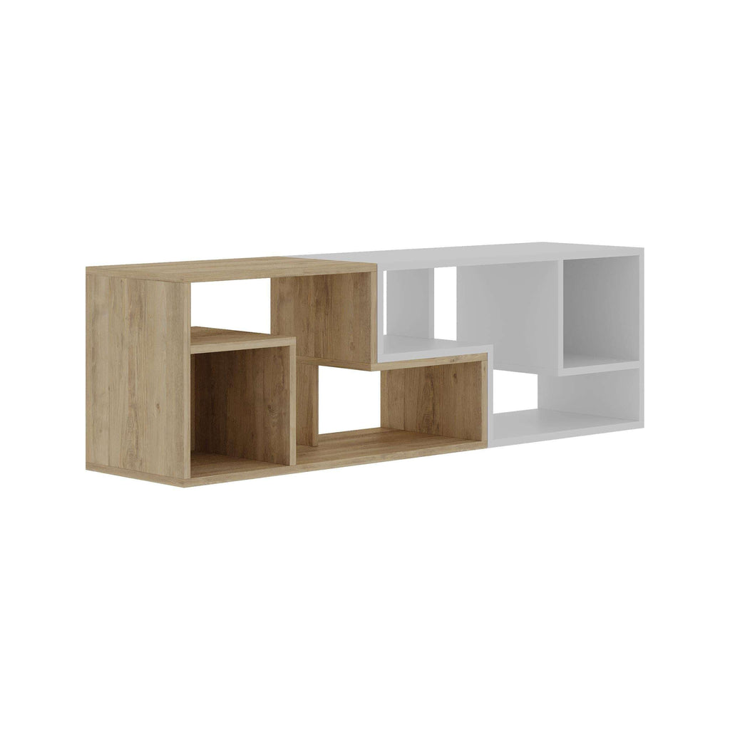 Light wood and white corner TV unit with open shelving grid and central media space