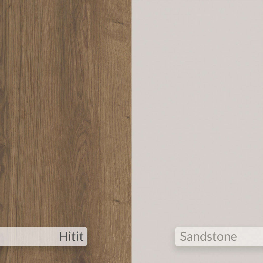 Wood-look panels showing Hilit and Sandstone finishes with visible grain