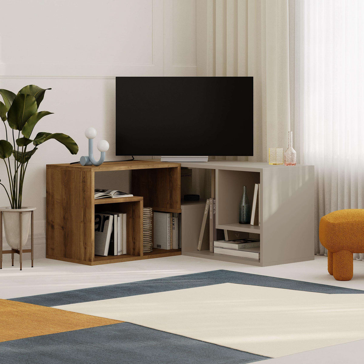 Corner TV stand with wood and white finish, featuring open shelves for media storage