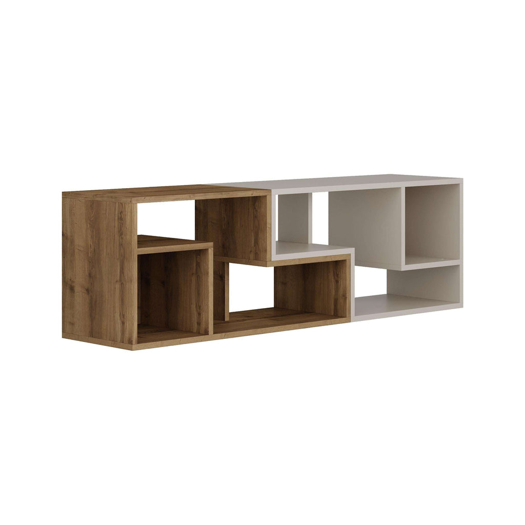 Modern corner TV unit in dark oak with light grey open shelves and square cubbies