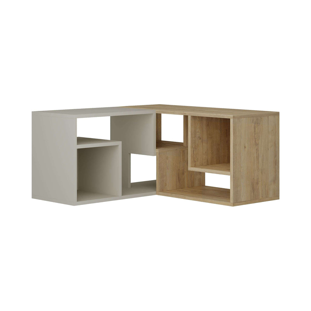 Corner TV unit with left light grey cabinet sections and right light wood open cubbies