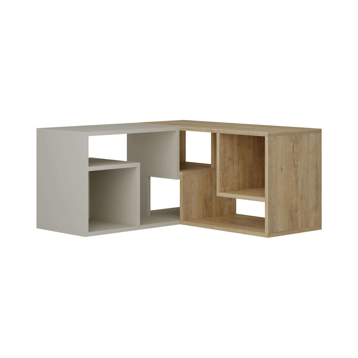 Corner TV unit with left light grey cabinet sections and right light wood open cubbies
