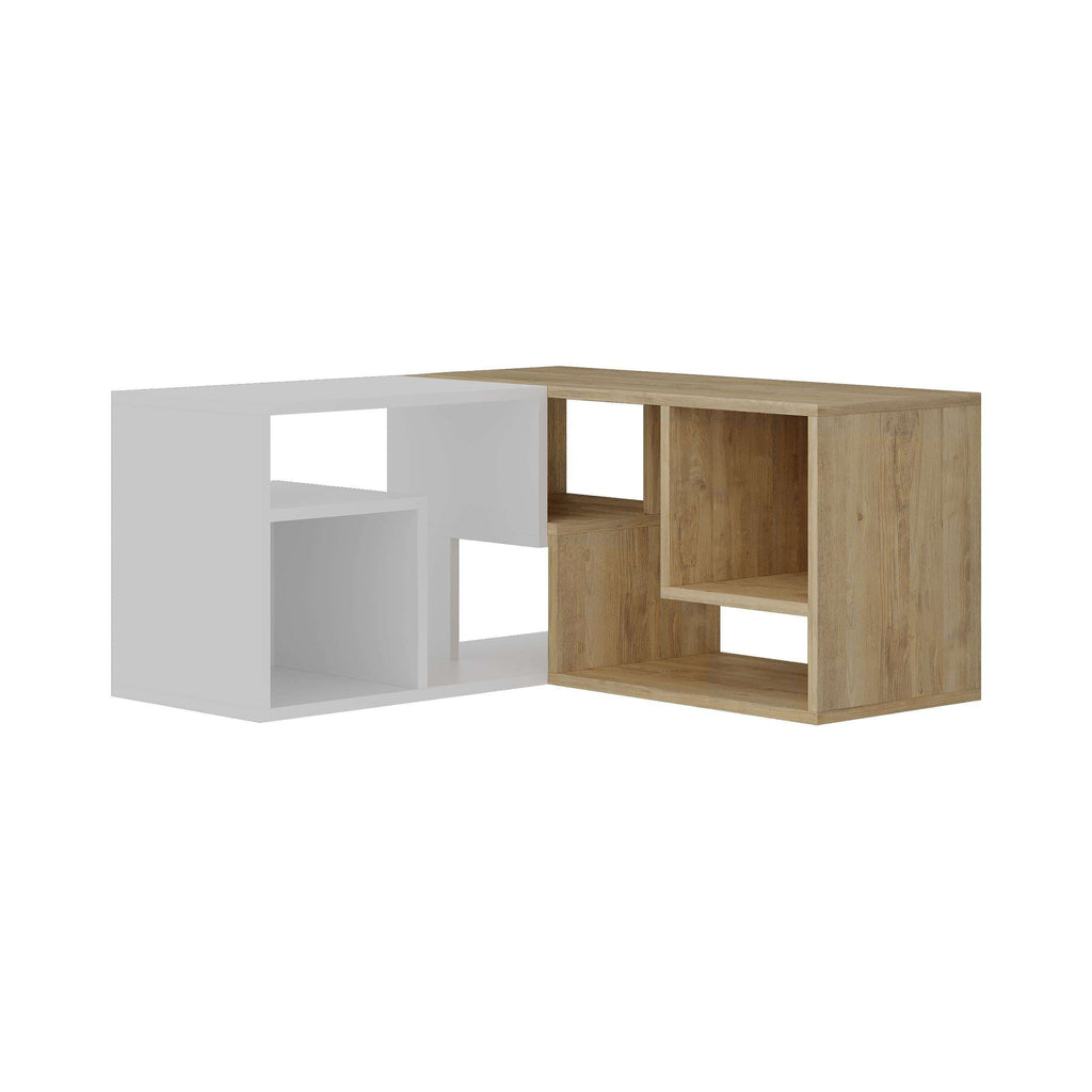 Corner TV unit with light grey frame and warm light wood open compartments
