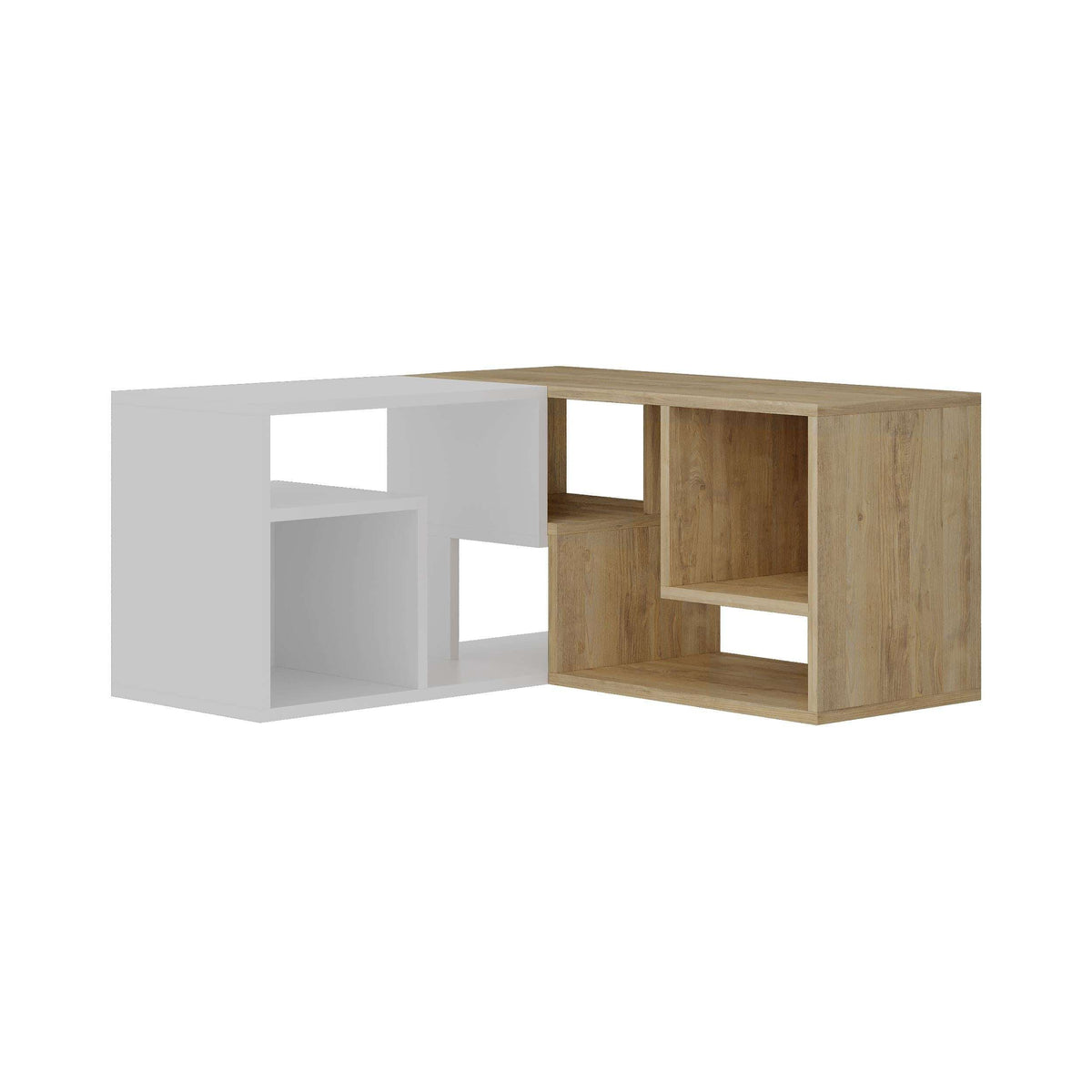Corner TV unit with light grey frame and warm light wood open compartments