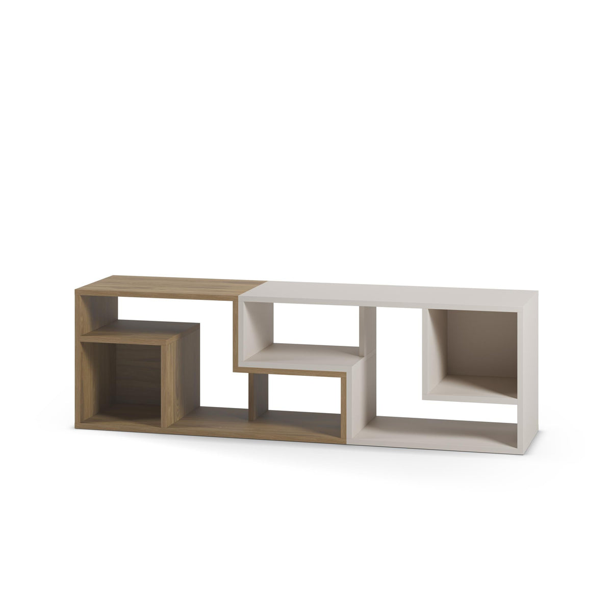 Corner TV unit with mix of warm wood and white open shelving and cubby spaces