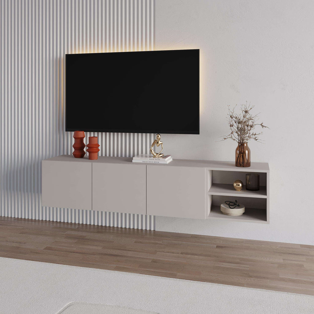 Wall-mounted TV unit, light grey, three soft-close doors and open side shelf