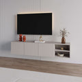 Wall-mounted TV unit, light grey, three soft-close doors and open side shelf