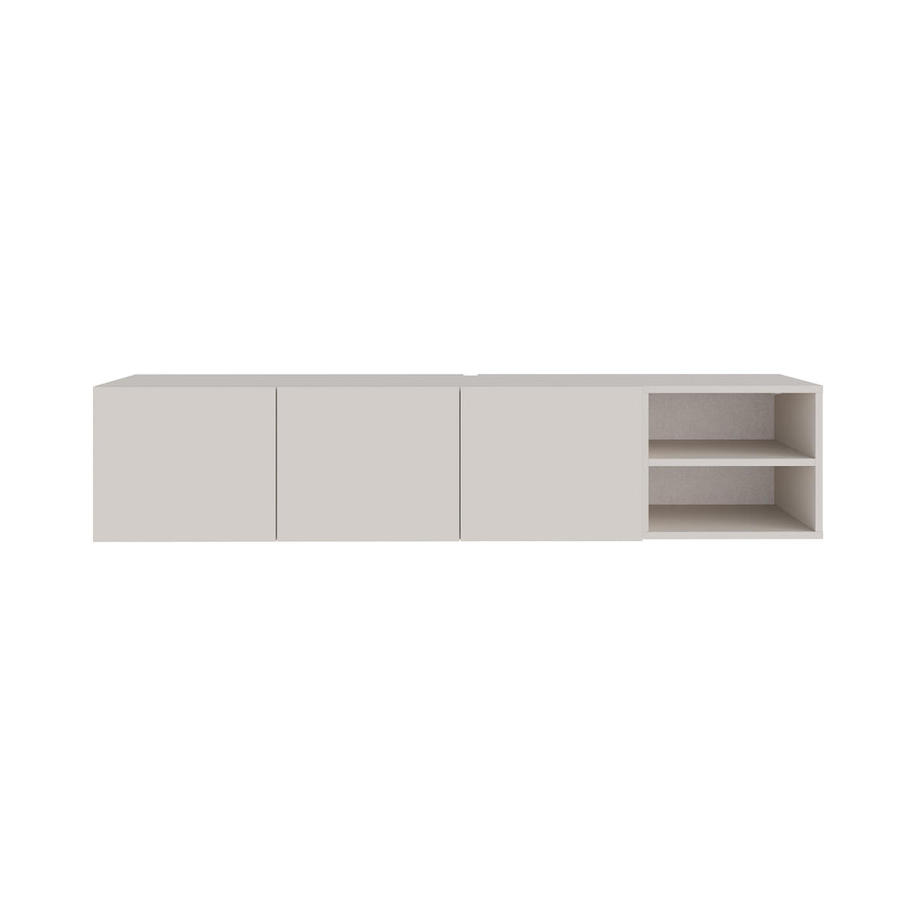 Wall-mounted TV unit front, light grey, three cabinet doors and open side shelf