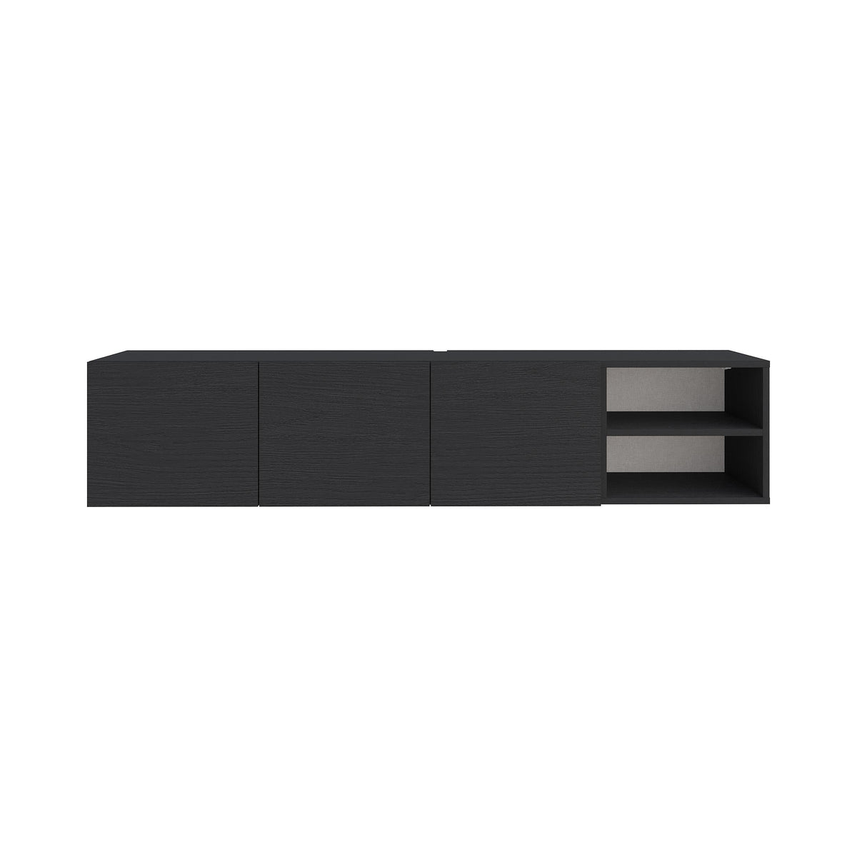 Wall-mounted TV unit front, dark grey, three doors and open right shelf