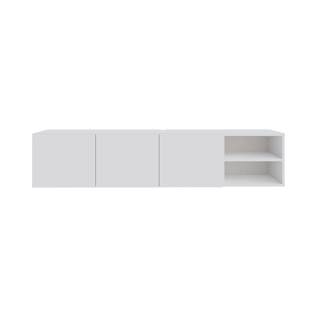 Wall-mounted TV unit front, white, three doors and open right shelf