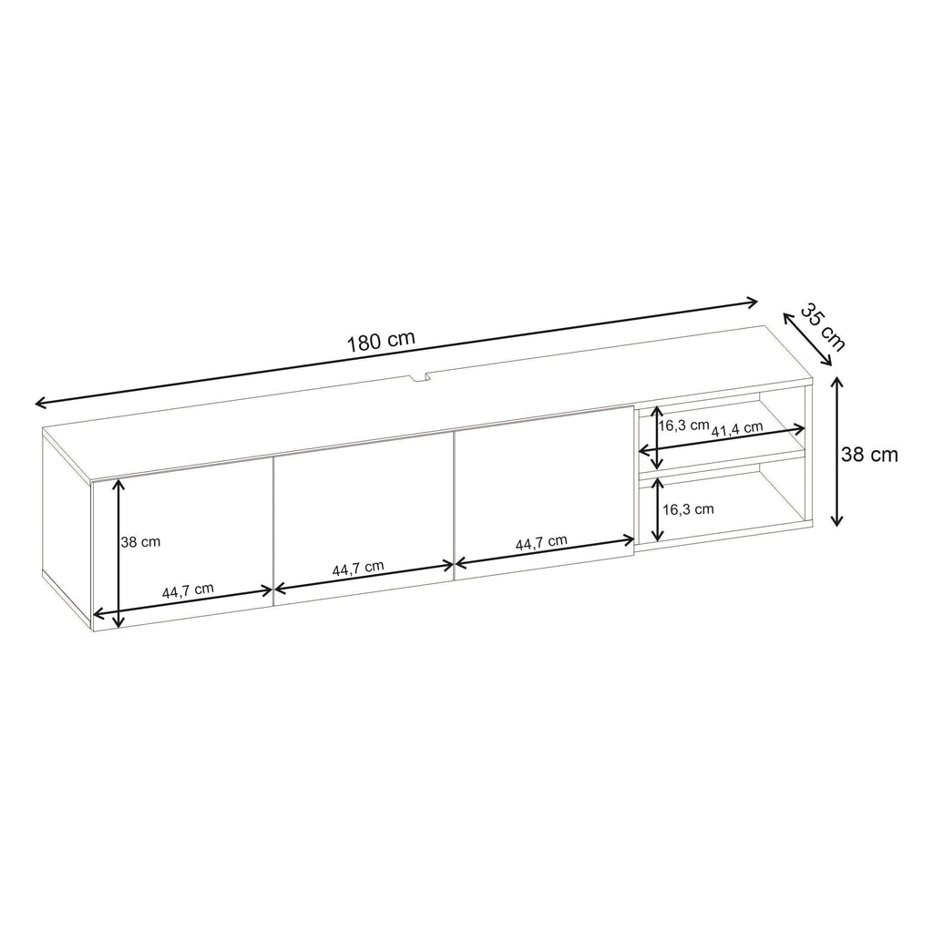 Wall-mounted TV unit with three soft-close doors and open shelf, white