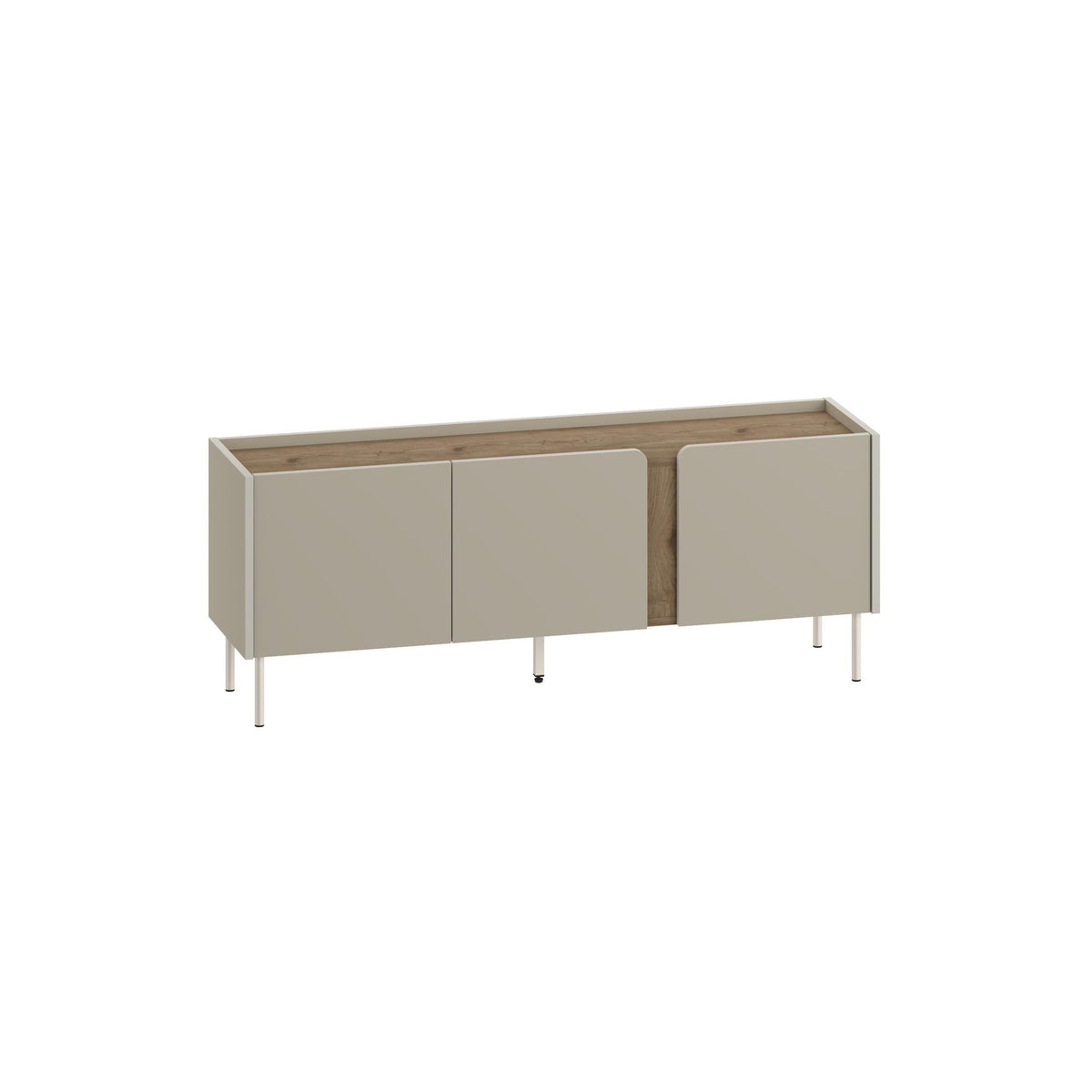3-door TV unit front view with sand-colored doors and natural oak top panel