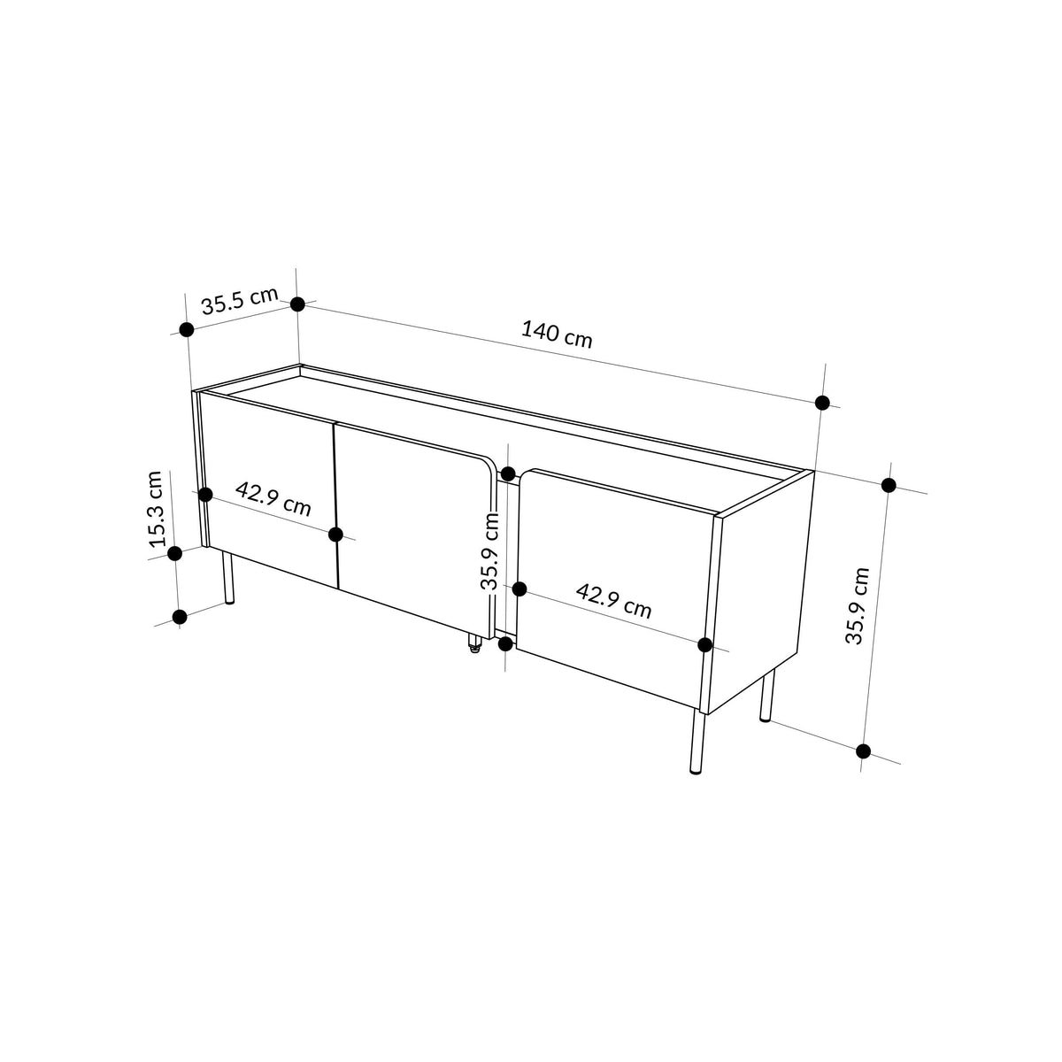 TV unit size diagram with 140 cm width and 3-door cabinet dimensions