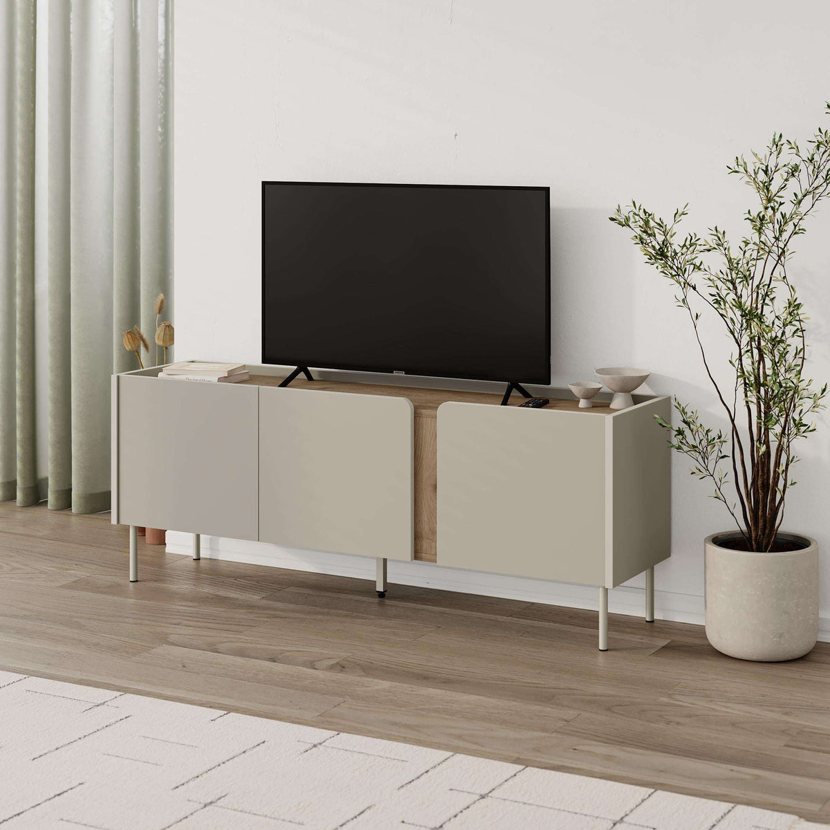 3-door TV unit with natural oak frame and sand-colored cabinet fronts