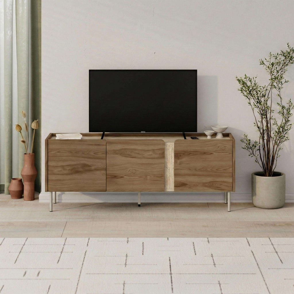 Natural oak TV unit cabinet with side doors and open center for media devices