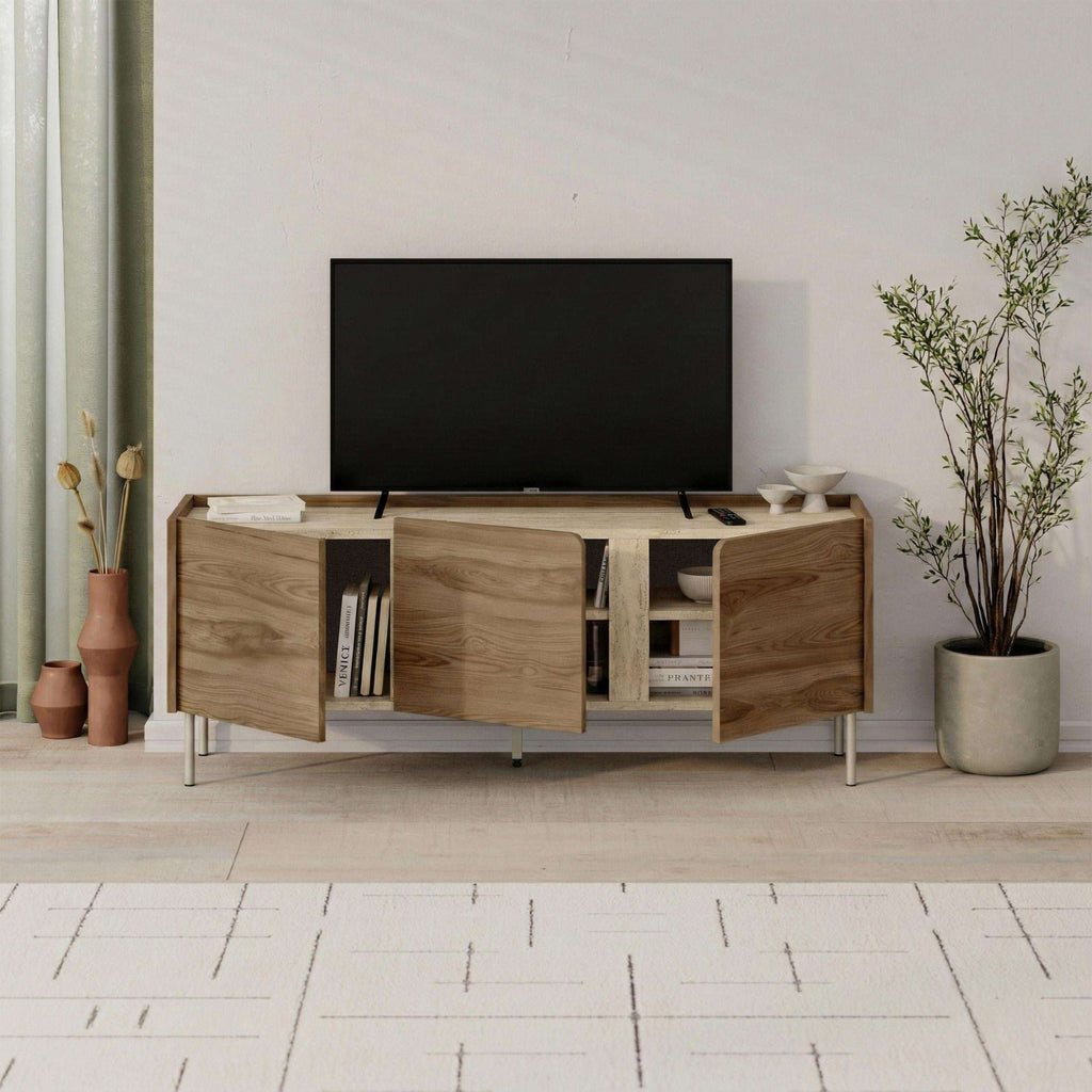 Natural oak TV cabinet with open media shelf and three front storage sections