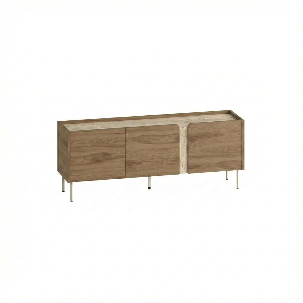 Natural oak TV unit cabinet with three cabinet doors and slim metal legs
