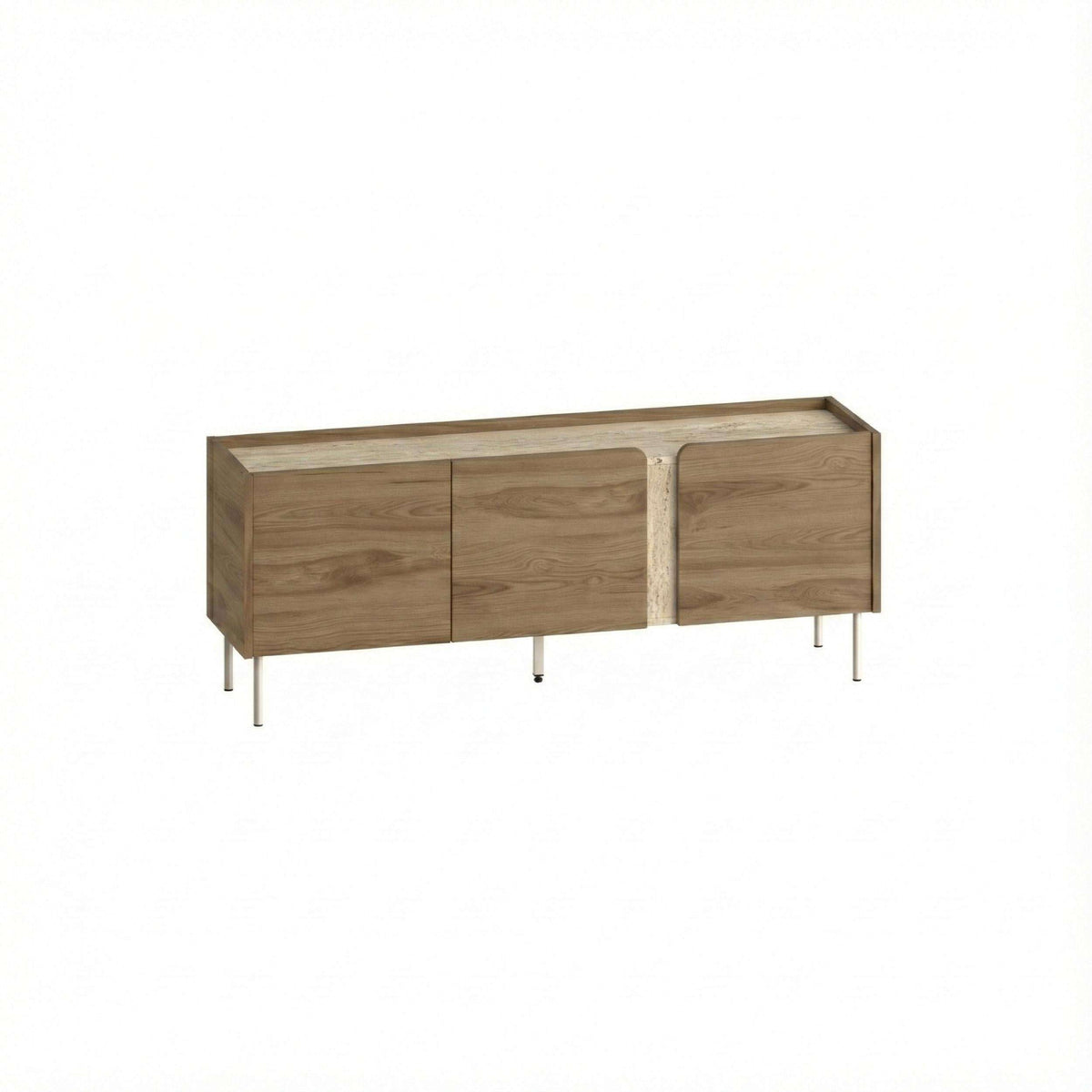 Natural oak TV unit cabinet with three cabinet doors and slim metal legs