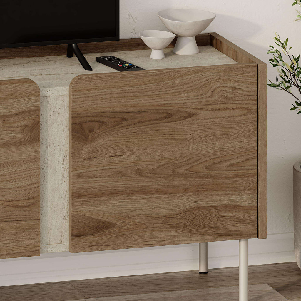 Natural oak TV unit cabinet with light sandstone panel door and metal feet