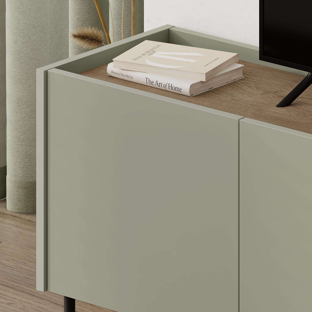 TV unit three-door cabinet close-up with light gray doors and natural wood interior