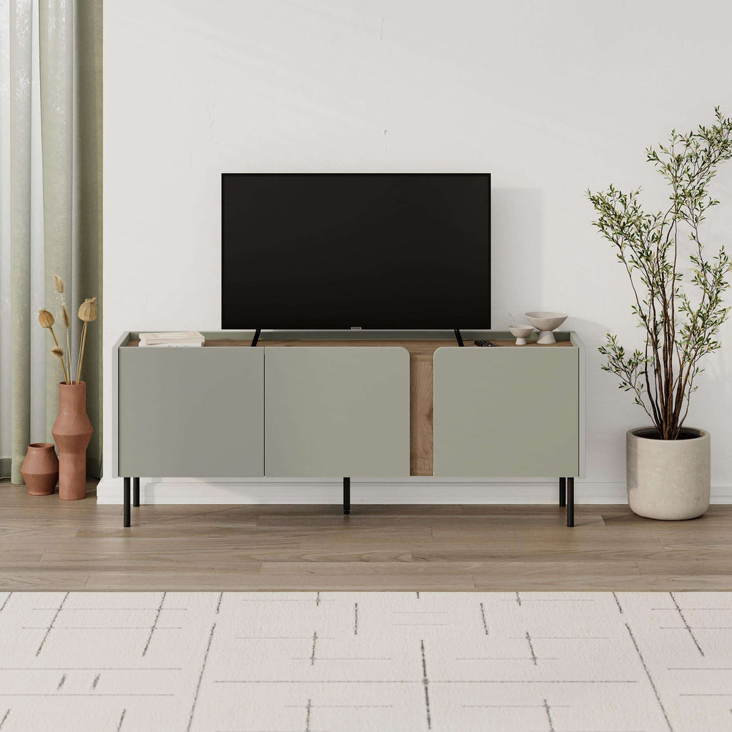 TV unit with three doors in light gray, natural oak frame, open shelf for media