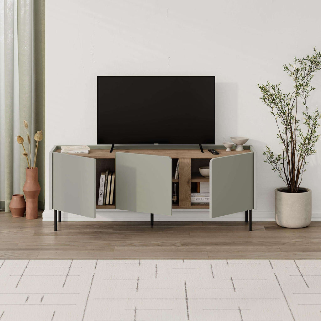 TV unit with three doors, natural oak frame and light gray cabinet fronts, black legs