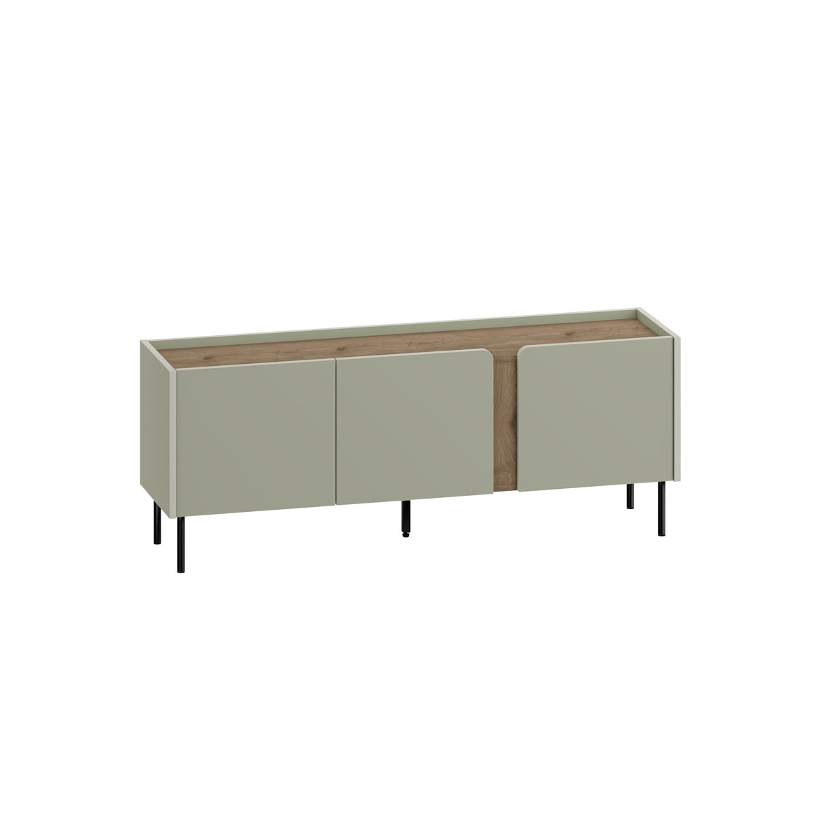 Light sage TV unit cabinet with natural wood top and three front cabinet doors