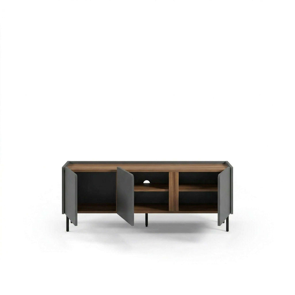 TV unit with three doors, natural oak frame and dark gray side panels, black legs