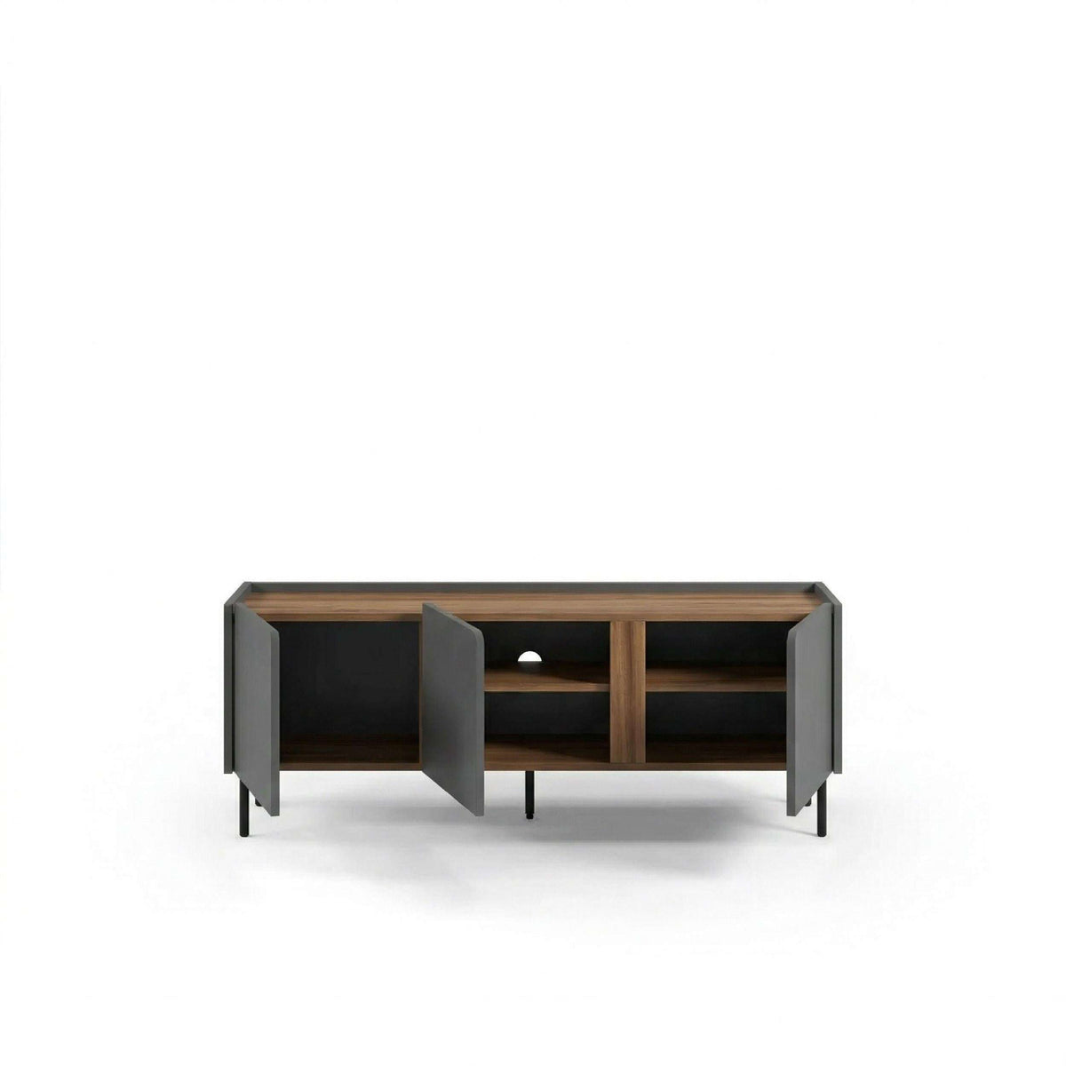 TV unit with three doors, natural oak frame and dark gray side panels, black legs