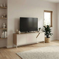 TV stand with three storage doors, light oak frame and sandstone panels.