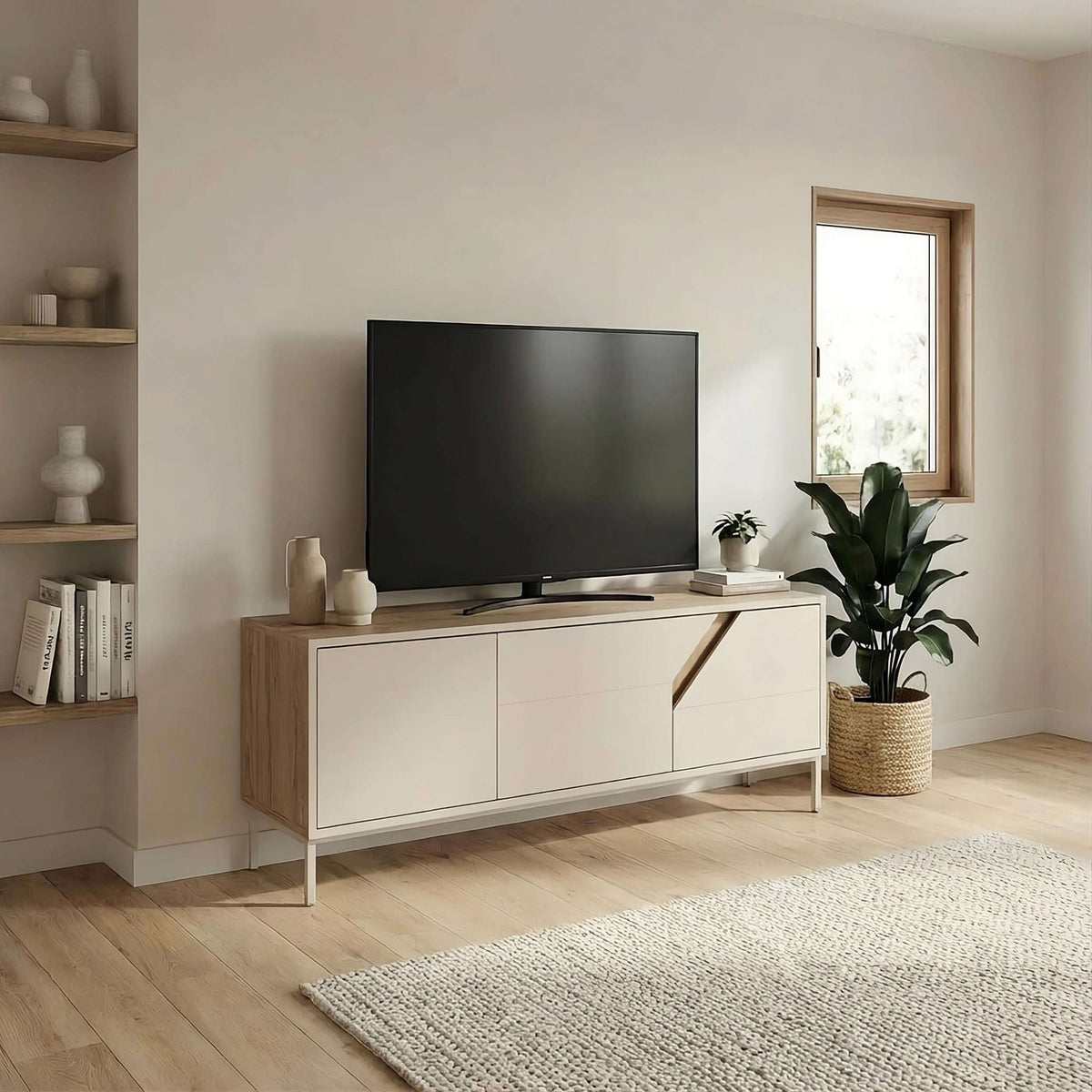 TV stand with three storage doors, light oak frame and sandstone panels.