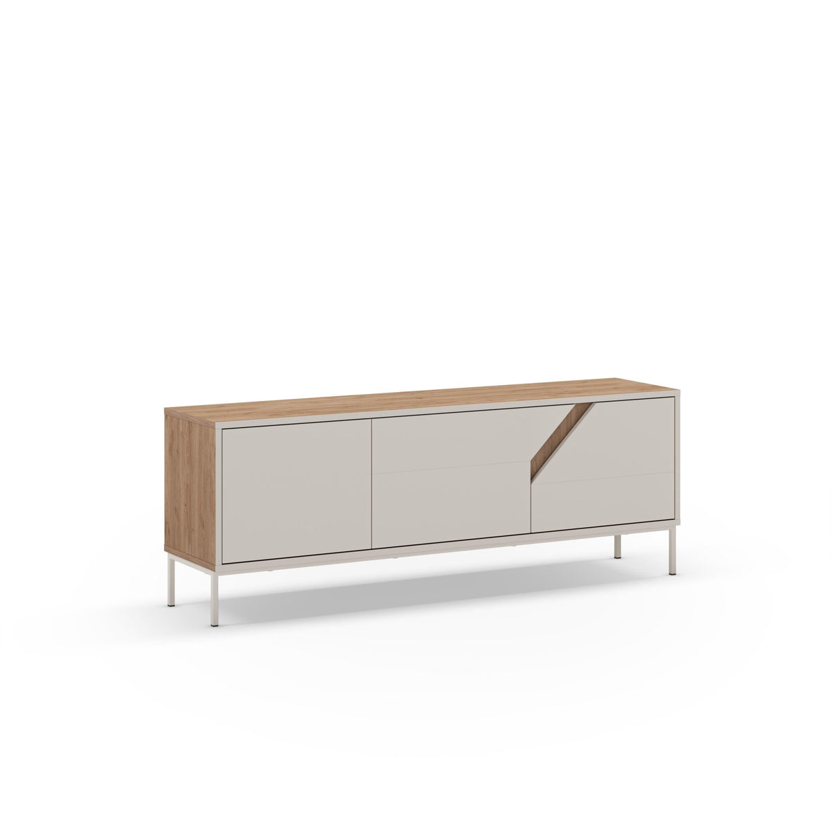 Low TV stand with three doors, light oak sides and sandstone center panel.