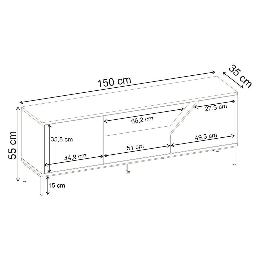 TV stand dimensions diagram: 150 cm wide, 55 cm high, about 35 cm deep.