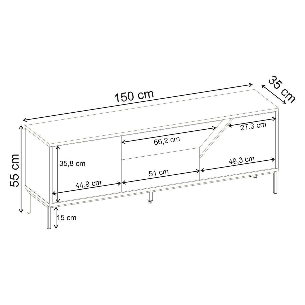 TV stand dimensions diagram: 150 cm wide, 55 cm high, about 35 cm deep.