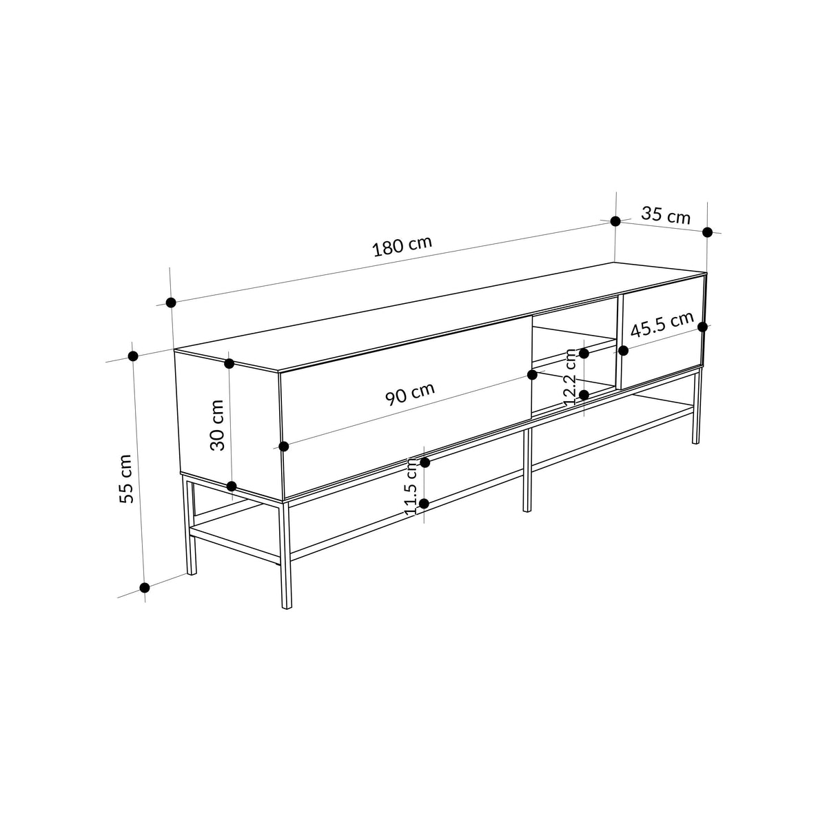 Amira TV unit dimensioned view with open shelves, cabinet doors, and slender legs