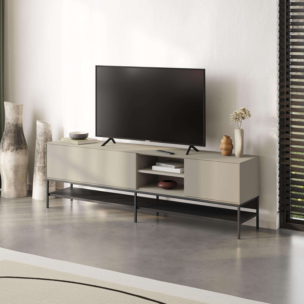 Amira TV unit with flat top, open media bay, and two side cabinets with metal legs