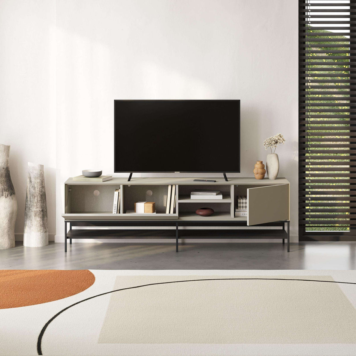Amira TV unit with TV shelf, open center storage, and side drawers in light grey